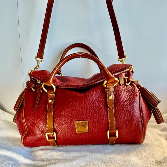 Dooney & Bourke Handbags - Dooney & Bourke Large Satchel Pebbled Leather Red w green suede collar 15" W